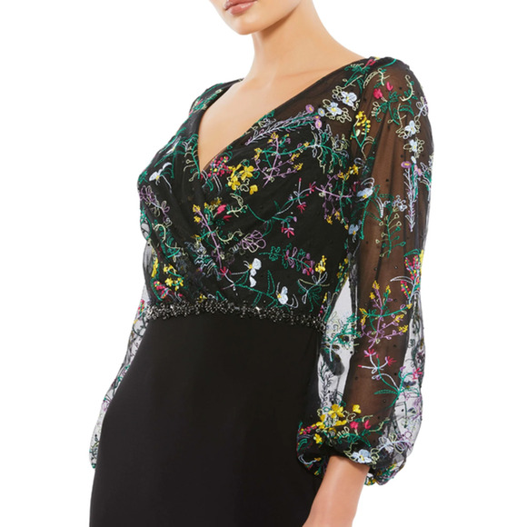MAC DUGGAL Dress Size 8 Evening Gown Black Floral NEW Embroidered Puff Sleeve - Picture 6 of 6